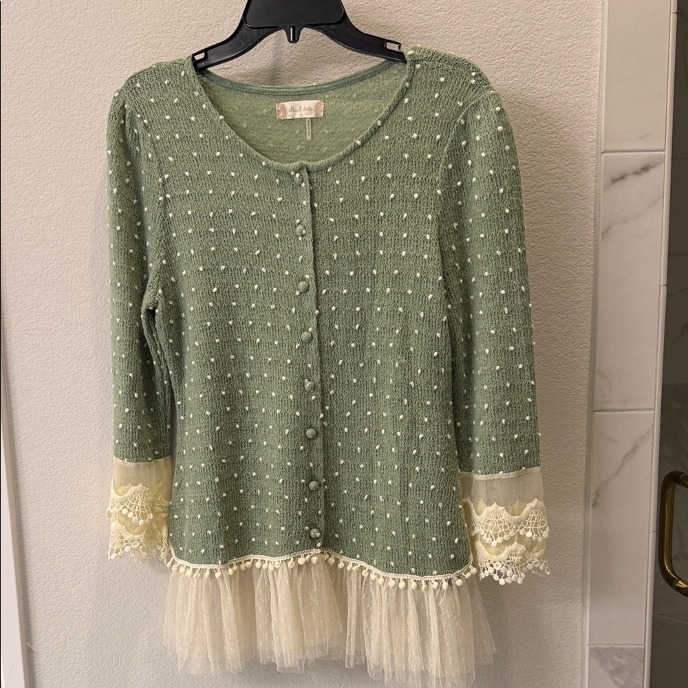 Altar'd State Green Cardigan with Cream Lace